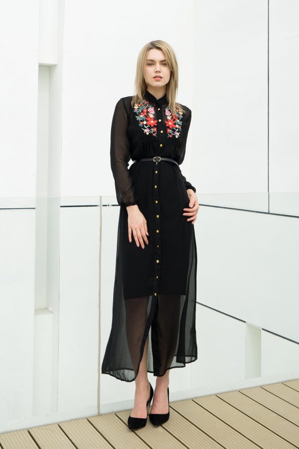 Maggie Sheer Embroidered Dress (Black)