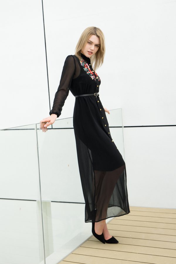 Maggie Sheer Embroidered Dress (Black)