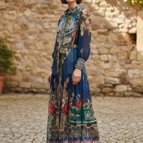 MOSSÉE patterned long‑sleeve maxi dress with vibrant jewel‑tone prints, worn outdoors against a rustic stone wall.