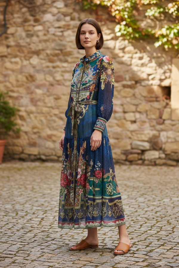 MOSSÉE patterned long‑sleeve maxi dress with vibrant jewel‑tone prints, worn outdoors against a rustic stone wall.